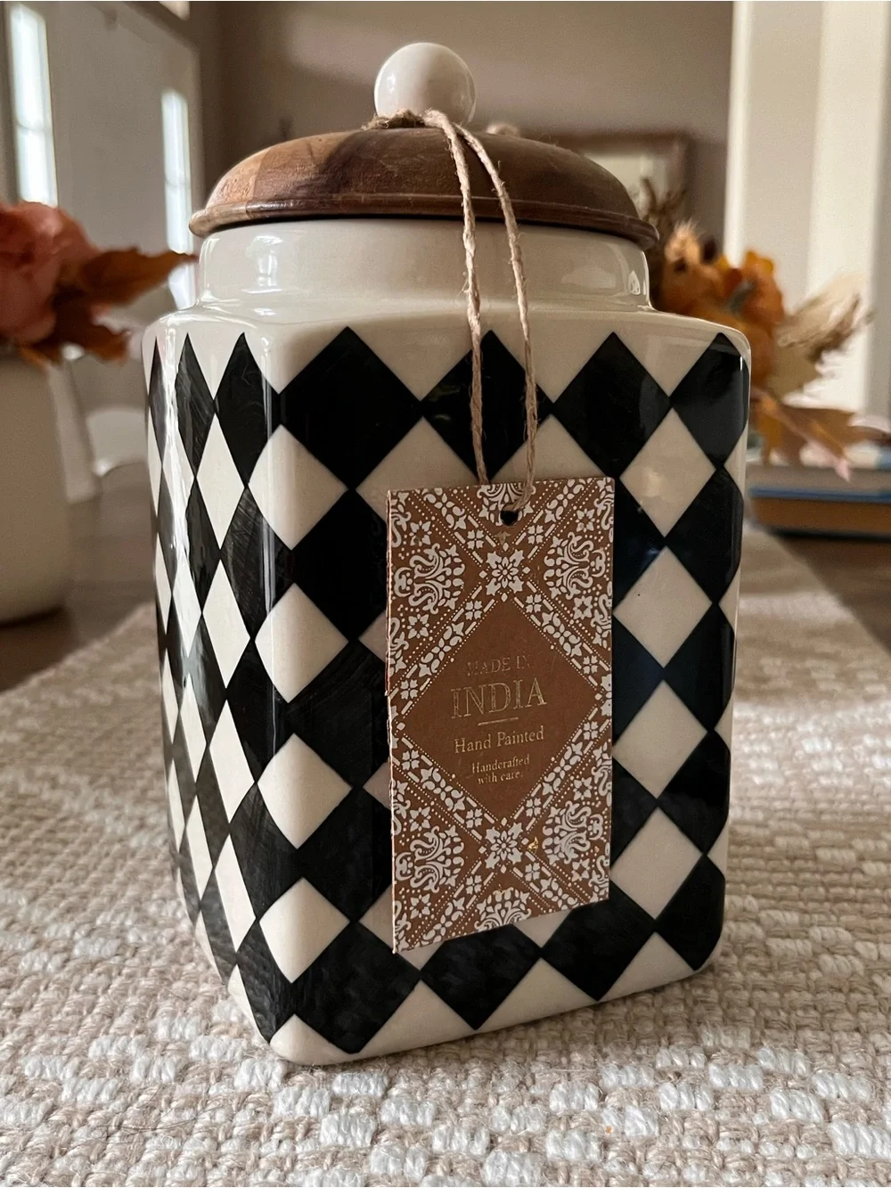 Stunning Hand-Painted Black and White Harlequin Ceramic Canister